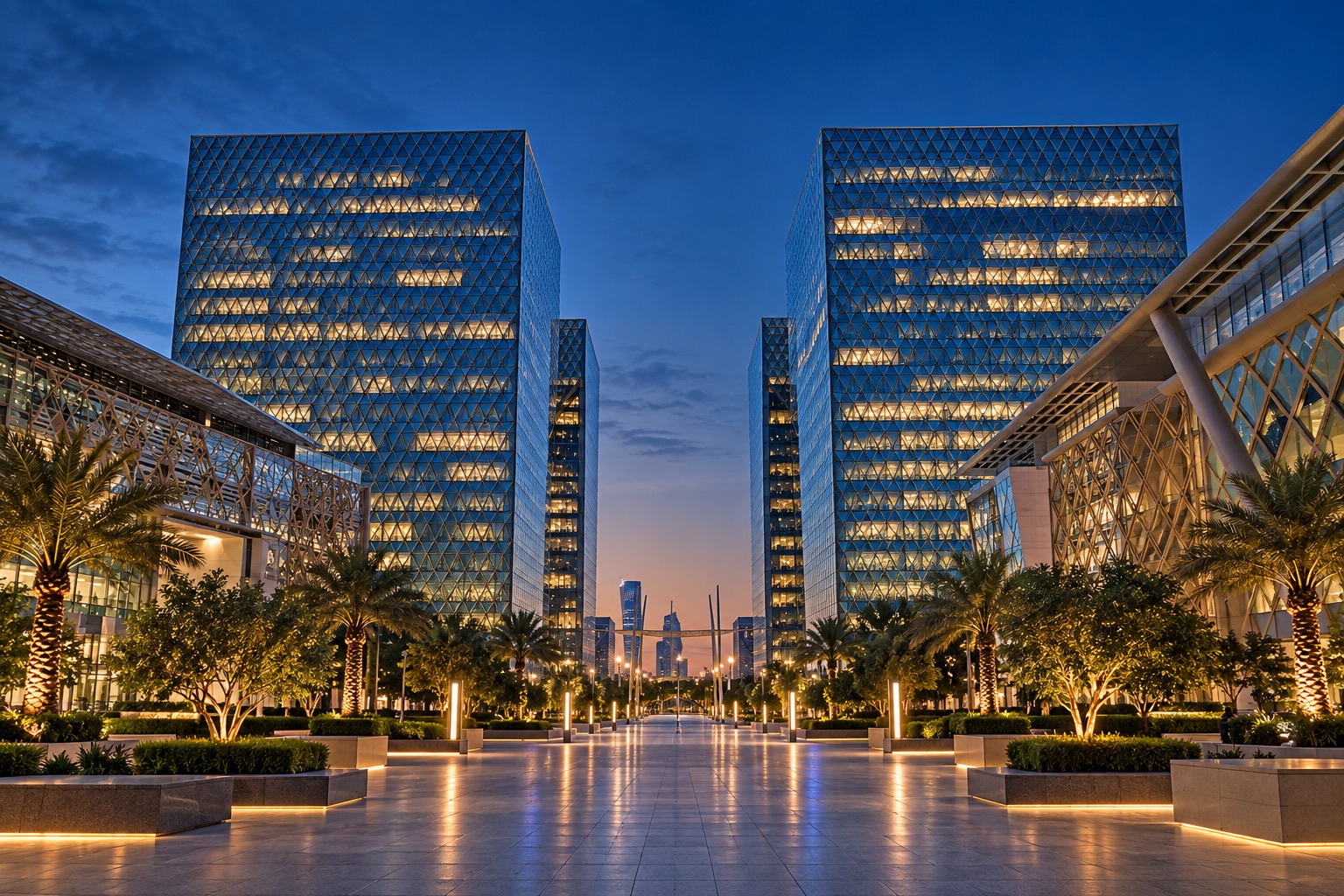 Riyadh Digital City office towers at blue hour
